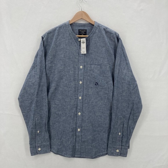 Abercrombie & Fitch Shirt Mens 2XL Blue Linen Cotton Band Collar Long Sleeve NWT - Picture 1 of 14